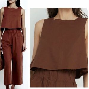 NWOT 2PC Kourt Brown FLAX Cotton Willow Crop Tank & High Waisted Wide Leg Pant S